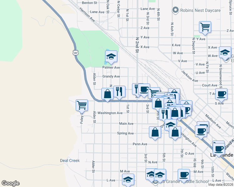 map of restaurants, bars, coffee shops, grocery stores, and more near 2005 Oak Street in La Grande