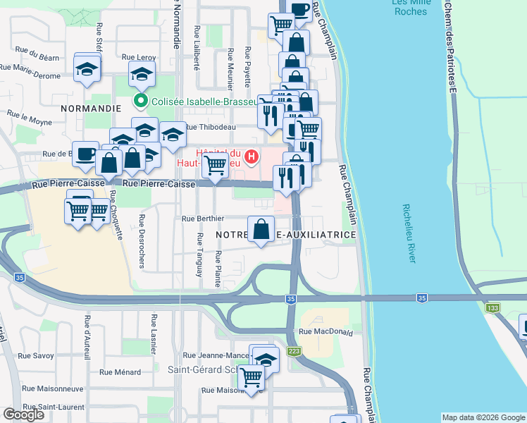 map of restaurants, bars, coffee shops, grocery stores, and more near 377 Rue Berthier in Saint-Jean-sur-Richelieu