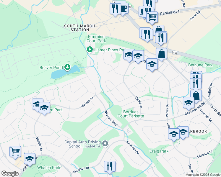 map of restaurants, bars, coffee shops, grocery stores, and more near 47 Carmichael Court in Ottawa