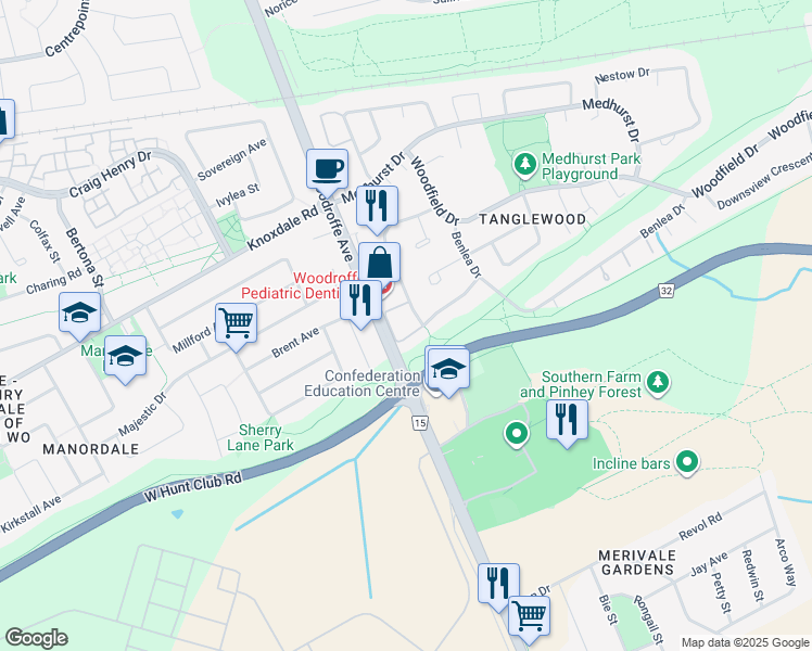 map of restaurants, bars, coffee shops, grocery stores, and more near 7 Crestlea Crescent in Ottawa