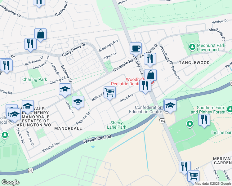 map of restaurants, bars, coffee shops, grocery stores, and more near 29 Majestic Drive in Ottawa