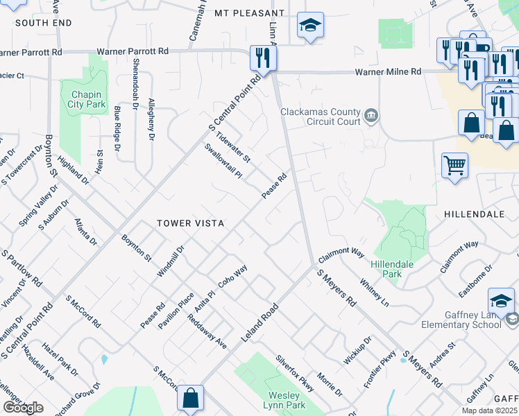 map of restaurants, bars, coffee shops, grocery stores, and more near 19069 Dallas Street in Oregon City