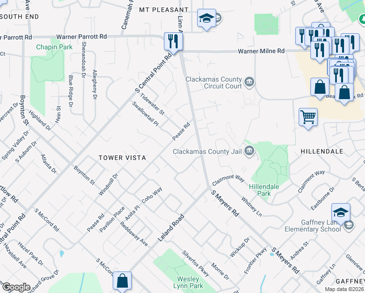 map of restaurants, bars, coffee shops, grocery stores, and more near 12500 Roman Court in Oregon City