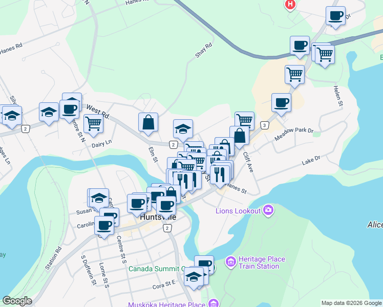 map of restaurants, bars, coffee shops, grocery stores, and more near 33 Chaffey Street in Huntsville