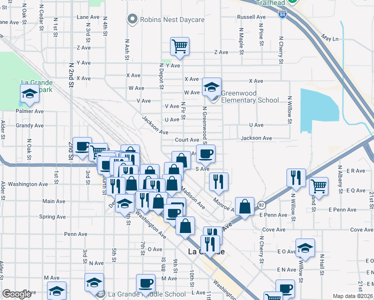 map of restaurants, bars, coffee shops, grocery stores, and more near 1901 North Fir Street in La Grande