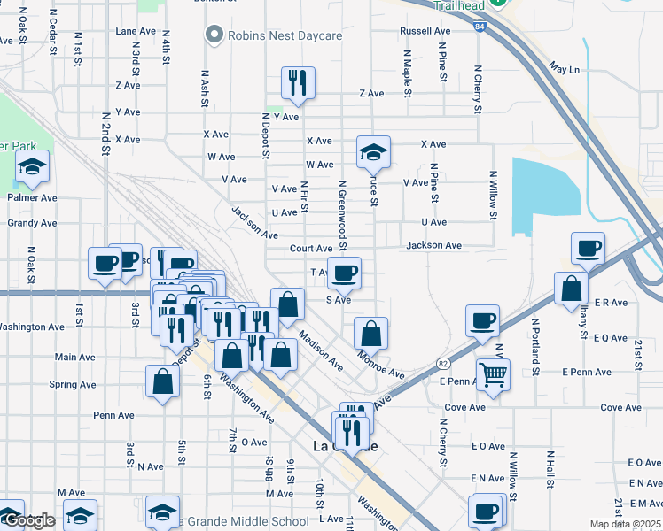 map of restaurants, bars, coffee shops, grocery stores, and more near 1901 North Fir Street in La Grande