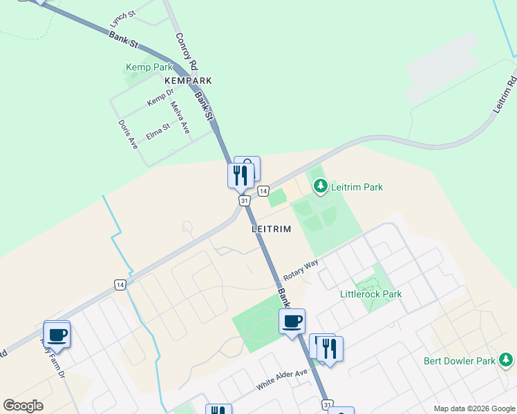 map of restaurants, bars, coffee shops, grocery stores, and more near 4561 Bank Street in Ottawa