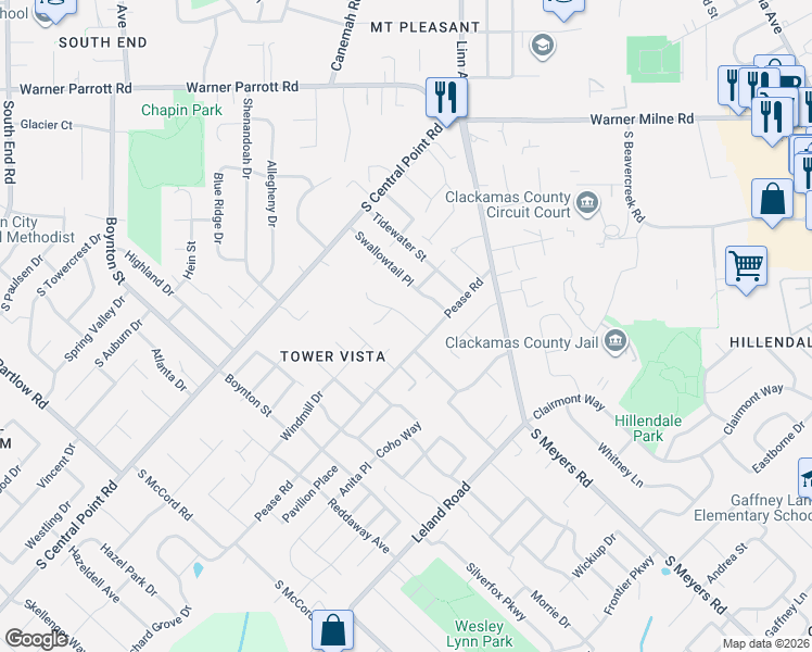 map of restaurants, bars, coffee shops, grocery stores, and more near 12252 Meadowlawn Drive in Oregon City