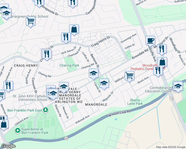 map of restaurants, bars, coffee shops, grocery stores, and more near 2 Bertona Street in Ottawa
