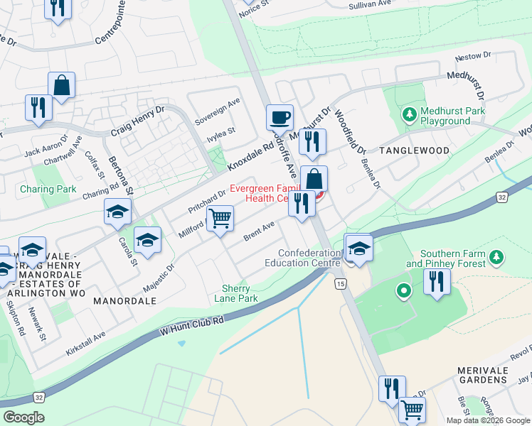map of restaurants, bars, coffee shops, grocery stores, and more near 20 Majestic Drive in Ottawa