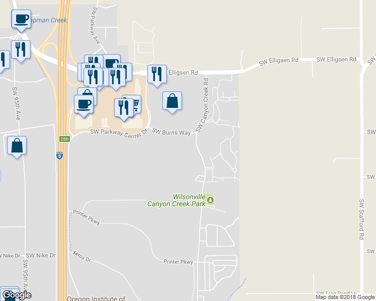 map of restaurants, bars, coffee shops, grocery stores, and more near 26055 Southwest Canyon Creek Road in Wilsonville