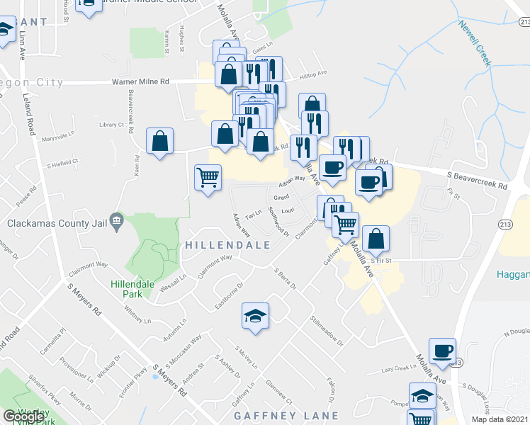 map of restaurants, bars, coffee shops, grocery stores, and more near 185 Southwood Drive in Oregon City