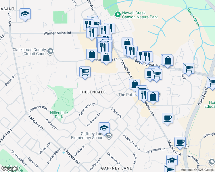 map of restaurants, bars, coffee shops, grocery stores, and more near 185 Southwood Drive in Oregon City