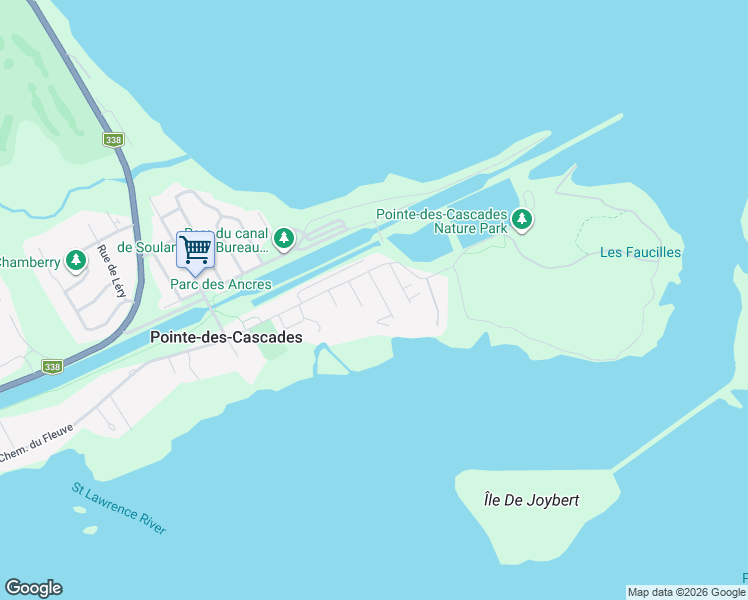 map of restaurants, bars, coffee shops, grocery stores, and more near 8 Rue Leroux in Pointe-des-Cascades