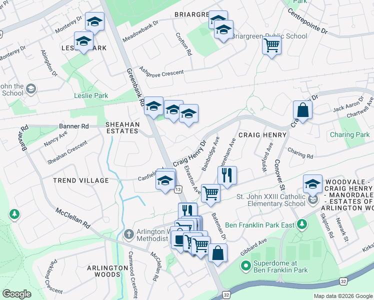 map of restaurants, bars, coffee shops, grocery stores, and more near 45 Wade Court in Ottawa