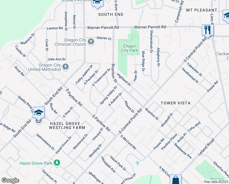 map of restaurants, bars, coffee shops, grocery stores, and more near 19321 Spring Valley Drive in Oregon City