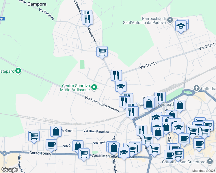 map of restaurants, bars, coffee shops, grocery stores, and more near 4 Via Vicenza in Vercelli