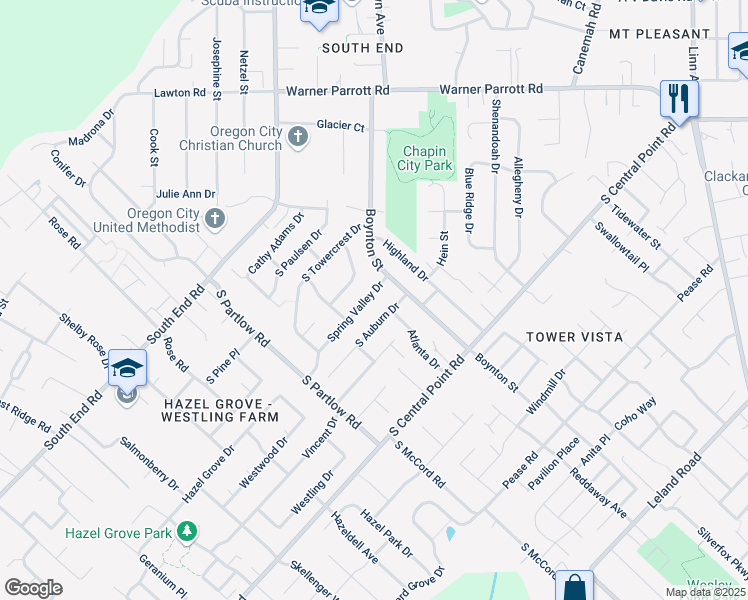 map of restaurants, bars, coffee shops, grocery stores, and more near 19321 Spring Valley Drive in Oregon City