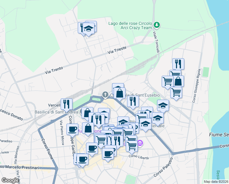 map of restaurants, bars, coffee shops, grocery stores, and more near 35 Via Righi in Vercelli