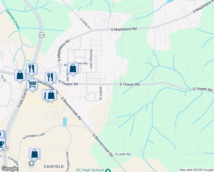 map of restaurants, bars, coffee shops, grocery stores, and more near 14759 South Thayer Road in Oregon City