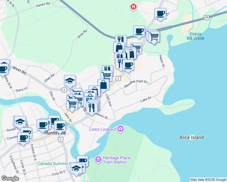 map of restaurants, bars, coffee shops, grocery stores, and more near 8 Meadow Park Drive in Huntsville