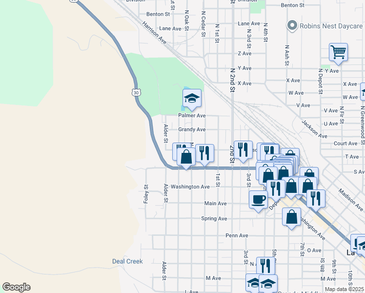 map of restaurants, bars, coffee shops, grocery stores, and more near 403 Jefferson Avenue in La Grande