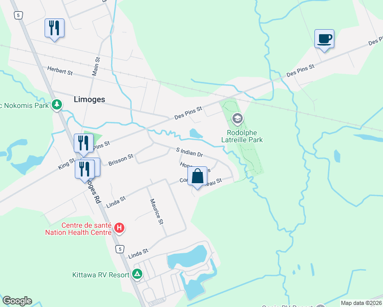 map of restaurants, bars, coffee shops, grocery stores, and more near 52 South Indian Drive in Limoges
