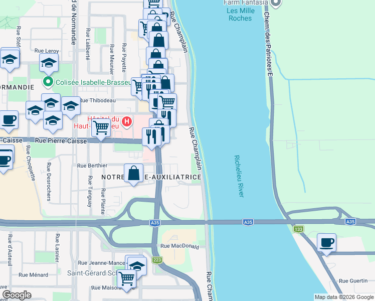map of restaurants, bars, coffee shops, grocery stores, and more near 284 Rue Bonneau in Saint-Jean-sur-Richelieu