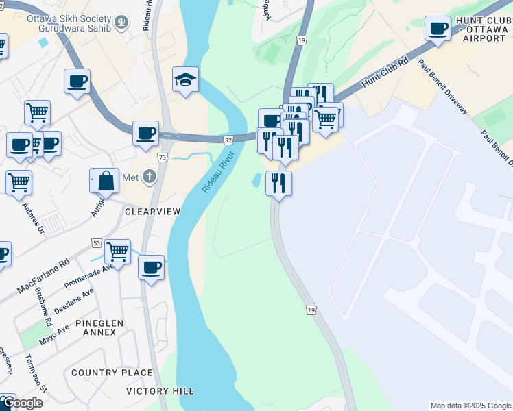 map of restaurants, bars, coffee shops, grocery stores, and more near 4014 Riverside Drive in Ottawa