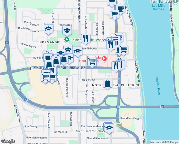 map of restaurants, bars, coffee shops, grocery stores, and more near 900 Rue Désaulniers in Saint-Jean-sur-Richelieu