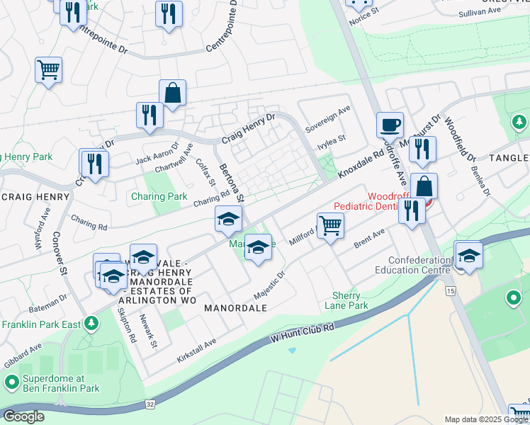 map of restaurants, bars, coffee shops, grocery stores, and more near 73 Knoxdale Road in Ottawa