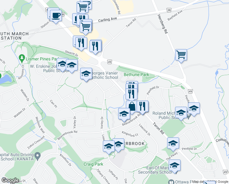 map of restaurants, bars, coffee shops, grocery stores, and more near 21 Weeping Willow Lane in Ottawa