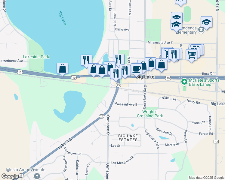 map of restaurants, bars, coffee shops, grocery stores, and more near 101 Lake Street South in Big Lake