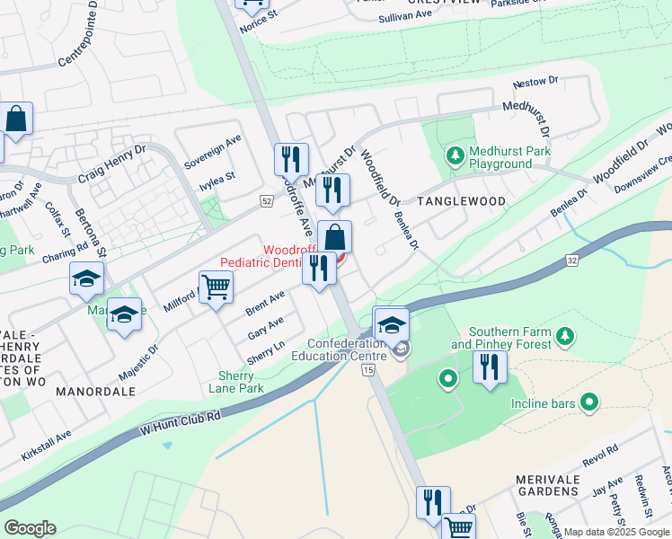 map of restaurants, bars, coffee shops, grocery stores, and more near 1637 Woodroffe Avenue in Ottawa