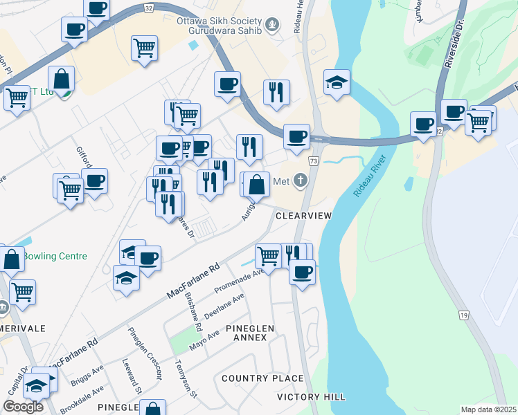 map of restaurants, bars, coffee shops, grocery stores, and more near 28 Deakin Street in Ottawa