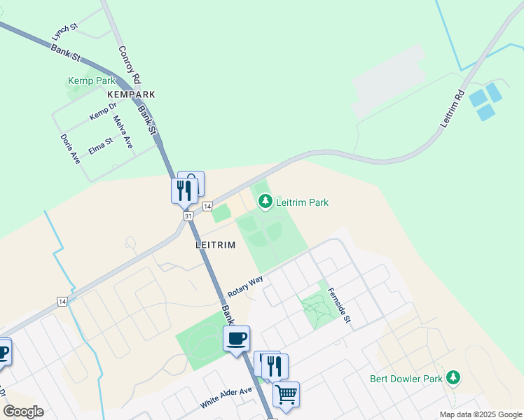 map of restaurants, bars, coffee shops, grocery stores, and more near 3290 Leitrim Road in Ottawa