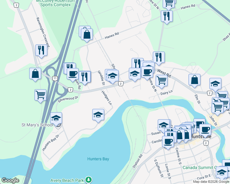map of restaurants, bars, coffee shops, grocery stores, and more near 18 Gullins Road in Huntsville