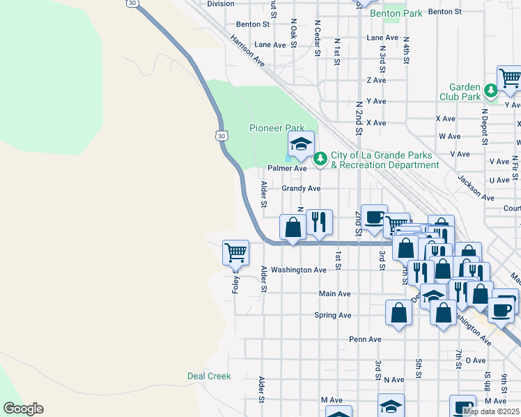 map of restaurants, bars, coffee shops, grocery stores, and more near 2108 Alder Street in La Grande