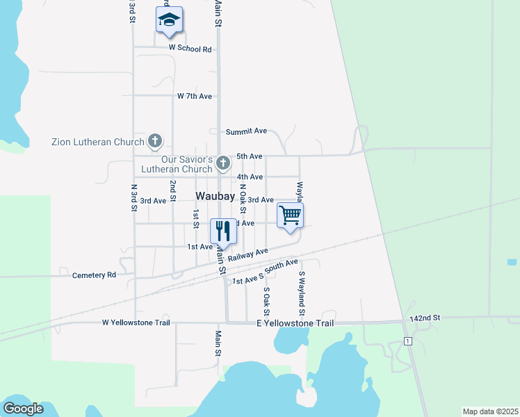 map of restaurants, bars, coffee shops, grocery stores, and more near 215 North Spruce Street in Waubay
