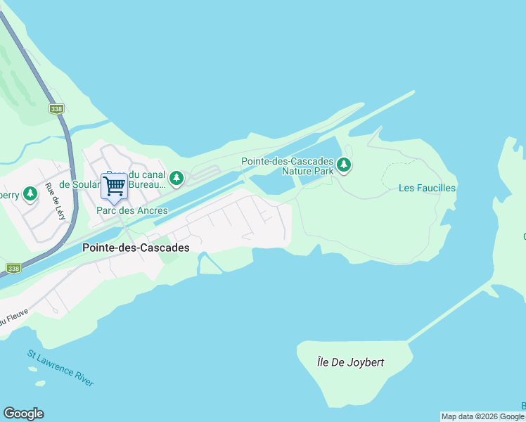 map of restaurants, bars, coffee shops, grocery stores, and more near 7 Rue Danis in Pointe-des-Cascades