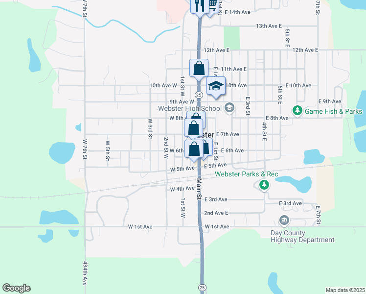 map of restaurants, bars, coffee shops, grocery stores, and more near 619 1st Street West in Webster
