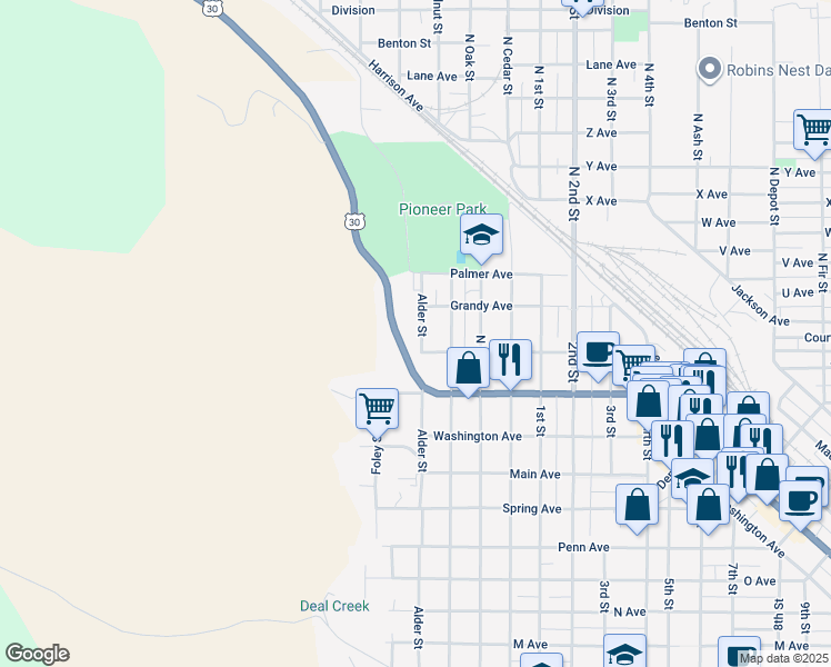 map of restaurants, bars, coffee shops, grocery stores, and more near 2108 Alder Street in La Grande