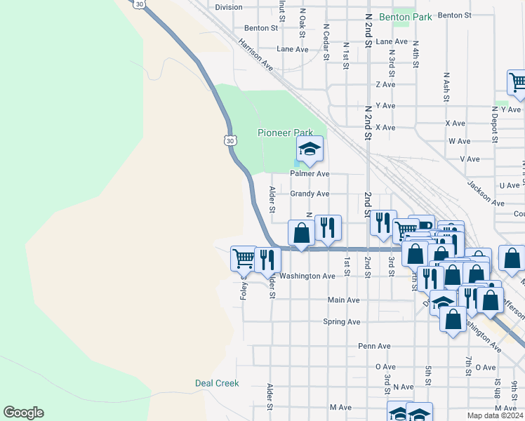 map of restaurants, bars, coffee shops, grocery stores, and more near 107 Adams Avenue in La Grande