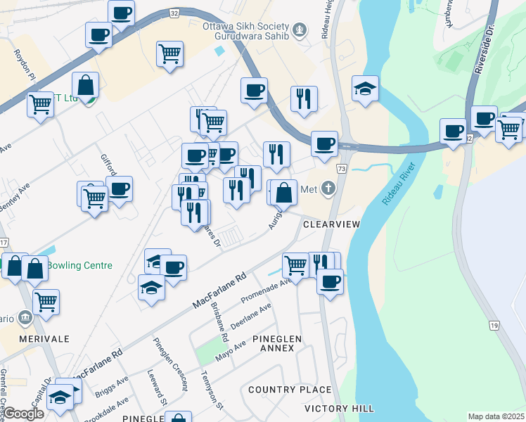 map of restaurants, bars, coffee shops, grocery stores, and more near 38 Auriga Drive in Ottawa