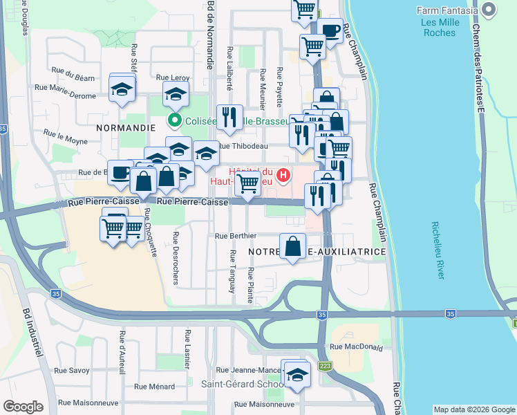 map of restaurants, bars, coffee shops, grocery stores, and more near 424 Rue Davignon in Saint-Jean-sur-Richelieu