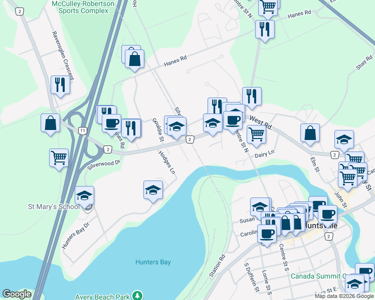 map of restaurants, bars, coffee shops, grocery stores, and more near 18 Gullins Road in Huntsville