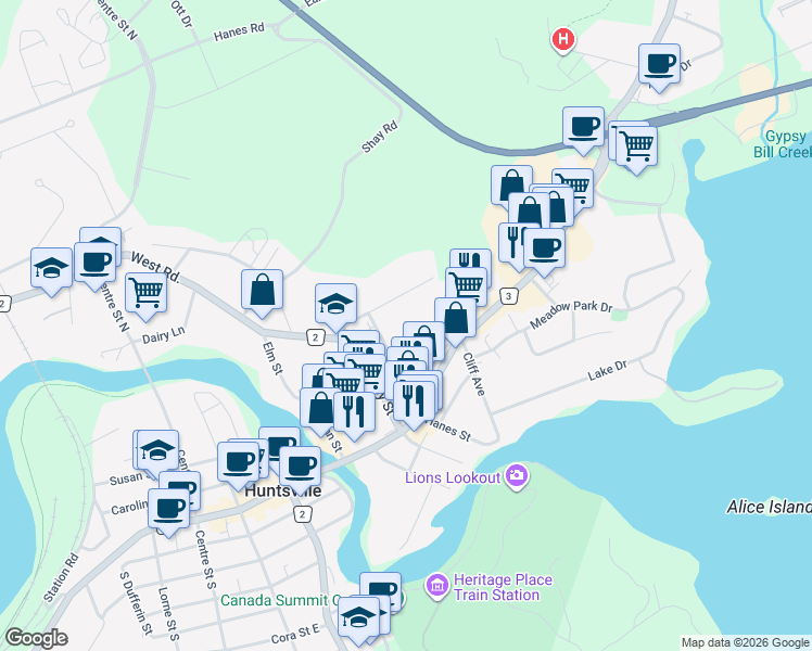 map of restaurants, bars, coffee shops, grocery stores, and more near in Huntsville