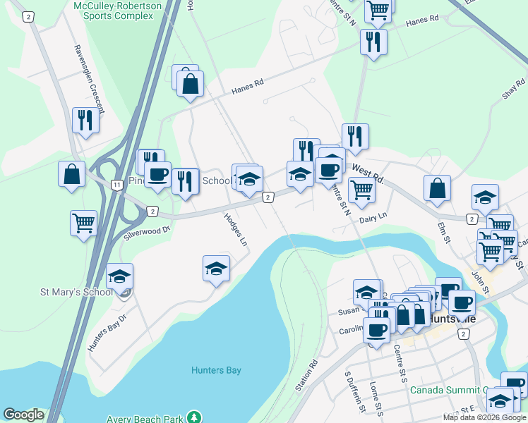 map of restaurants, bars, coffee shops, grocery stores, and more near 17 Gullins Road in Huntsville