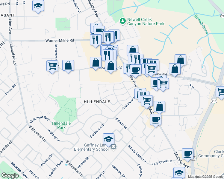 map of restaurants, bars, coffee shops, grocery stores, and more near 185 Southwood Drive in Oregon City
