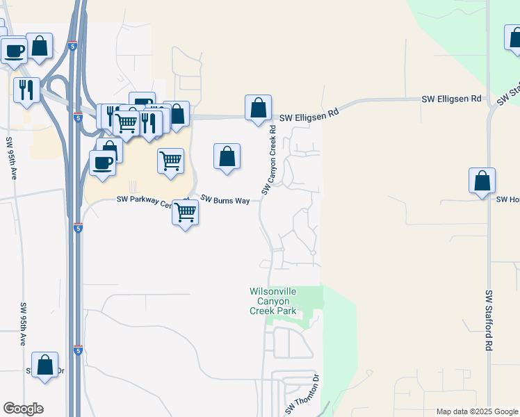 map of restaurants, bars, coffee shops, grocery stores, and more near 26055 Southwest Canyon Creek Road in Wilsonville